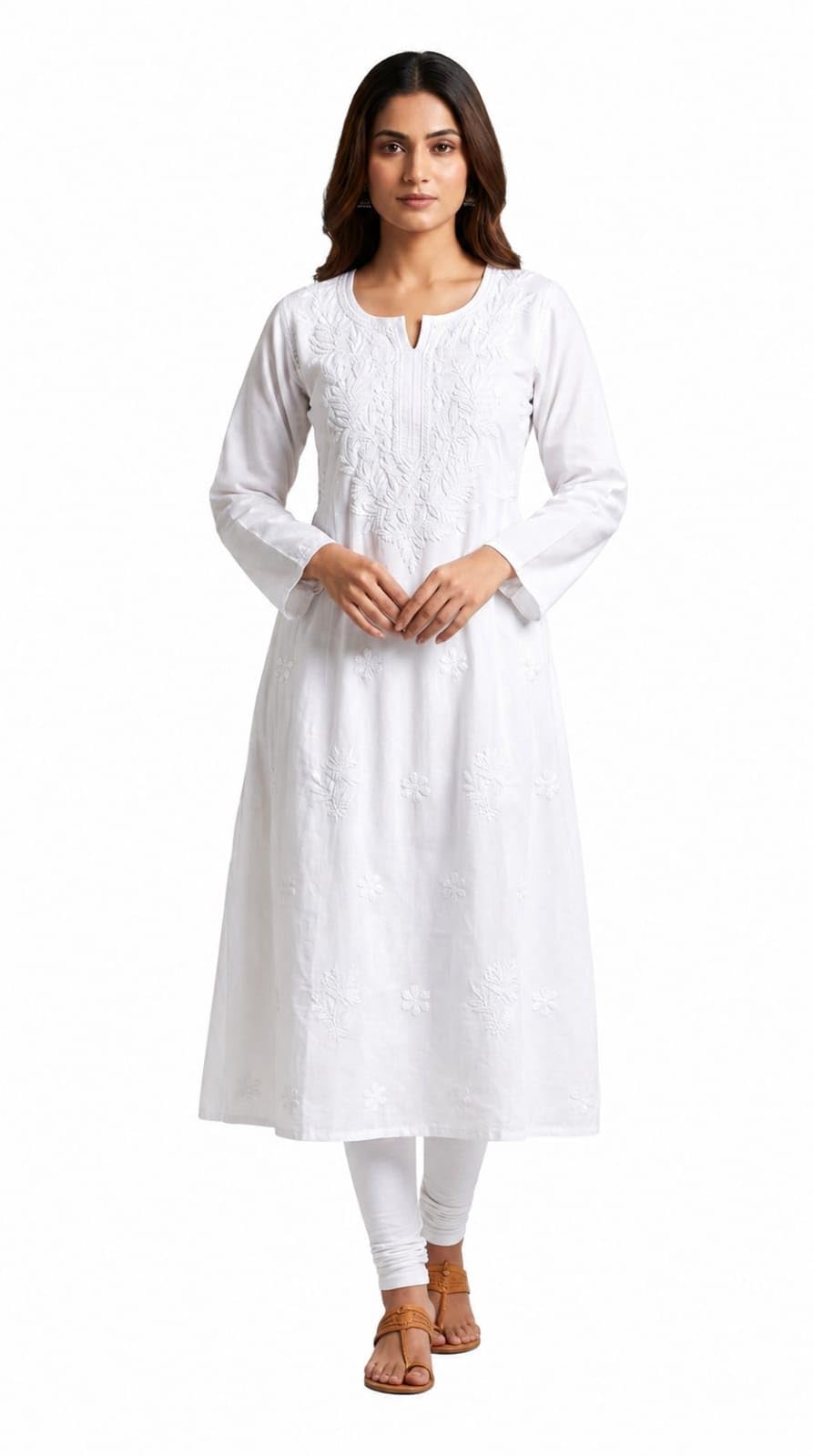 Women's White Rayon Long Kurti with Neck and Booti Computer Embroidery Work, 3/4 Sleeves, Plain Back, Sizes 40-60-image-18