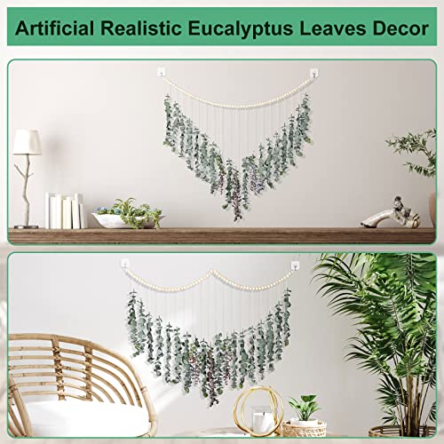 Jexine 2 Pcs Eucalyptus Wall Decor Fake Eucalyptus Leaves Hanging Decor Greenery Boho Wall Decor Artificial Plants With Wood Bead For Bathroom Bedroom Farmhouse Living Room Kitchen, 39 X 27.5 Inch #TOP3