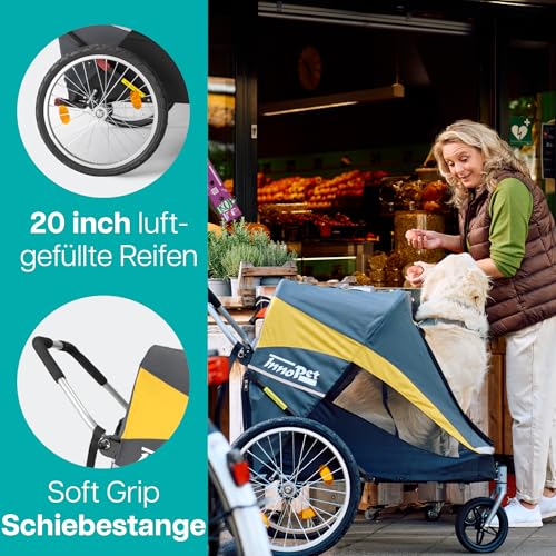 Großer Hundewagen - Innopet Hercules 2.0 Gelb/Grau - Heavy Duty Buggy Rahmen bis 50kg belastbar -inkl. Regenschutz - hintere 45cm Luftreifen/vorne pannensicheres EFA Rad - ohne Werkzeug aufzubauen