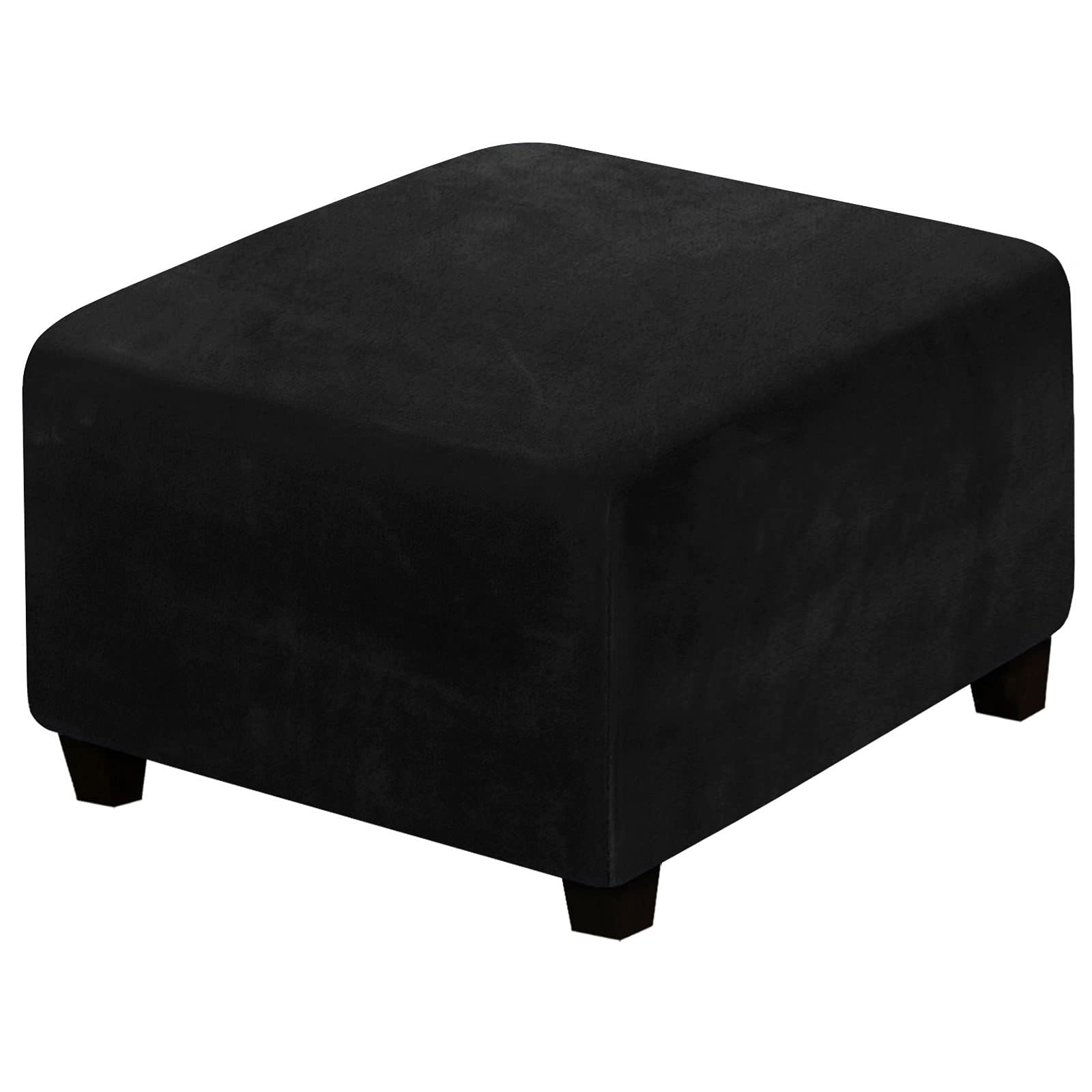 GAWEKIQEHigh-Stretch Ottoman Slipcovers Footstool Slipcovers Square Velvet Fabric for Kids Pets Removable Washable Furniture Protector for Bedroom Living Room (Black)