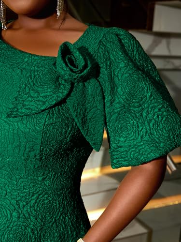 Image of AOMEI Women's Irregular Neck with Flower Short Puff Sleeve High Waist A-Line Jacquard Dress