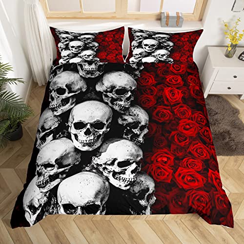 Erosebridal Parure de lit avec housse de couette et 2 taies d'oreiller Motif tête de mort et rose rouge Cover