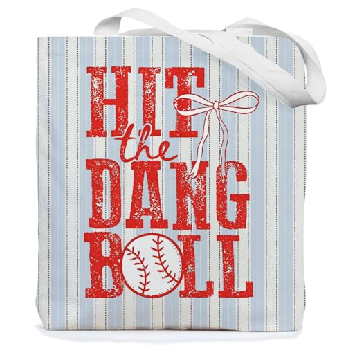 Chicimln Preppy Bow Baseball Tote Bag Baseball Lovers Players Fans Gifts Canvas Tote Bags Hit the Dang Ball Sports Blue Striped Reusable Grocery Shopping Bags