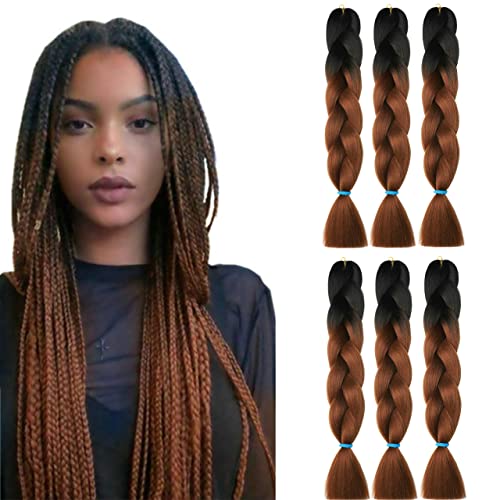 LOHXINHAIR Ombre Braiding Hair 24 Inch 6 Packs Black Brown Kanekalon High Temperature Synthetic Jumbo Braids Crochet Hair Extensions Soft Yaki Texture