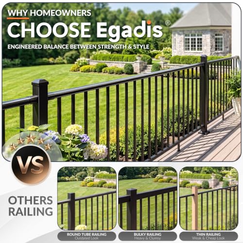 Image of Egadis 36 in. H x 8 ft. W Aluminum Stair Railing Kit, Railings for Outdoor Steps, Black Textured AAMA 2604 Powder-Coat Finish Modular Rail System for Concrete Steps or Wooden Stairs(1 Post, 1 Panel)