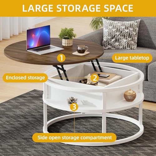 DWVO Coffee Tables for Living Room, Round Lift Top Coffee Table with Storage and Hidden Compartment, Rustic Small Circle Coffee Table,Wood Center Table, Brown and White