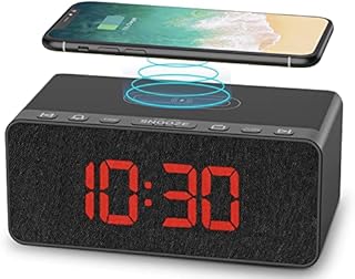Digital Alarm Clock FM Radio - 10W Fast Wireless Charger Station & USB Port - 5 Wake Up Sounds, Volume Control, Full Brightness Dimmer for Bedroom - BUFFBEE