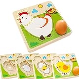 TKmom Wooden Layered Puzzle Chick Growth, Farm Animal Puzzle, Safariology Life of a Chick, Montessori Early Educational Toy for Toddler Xmas Birthday Gift