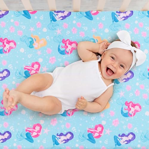 Image of JISEN Baby Crib Sheet 1 Piece Portable Fitted Crib Sheet for Standard Crib and Toddler Mattresses Nursery Bed Decor for Boys Girls 28x52 Inch Green Mermaids