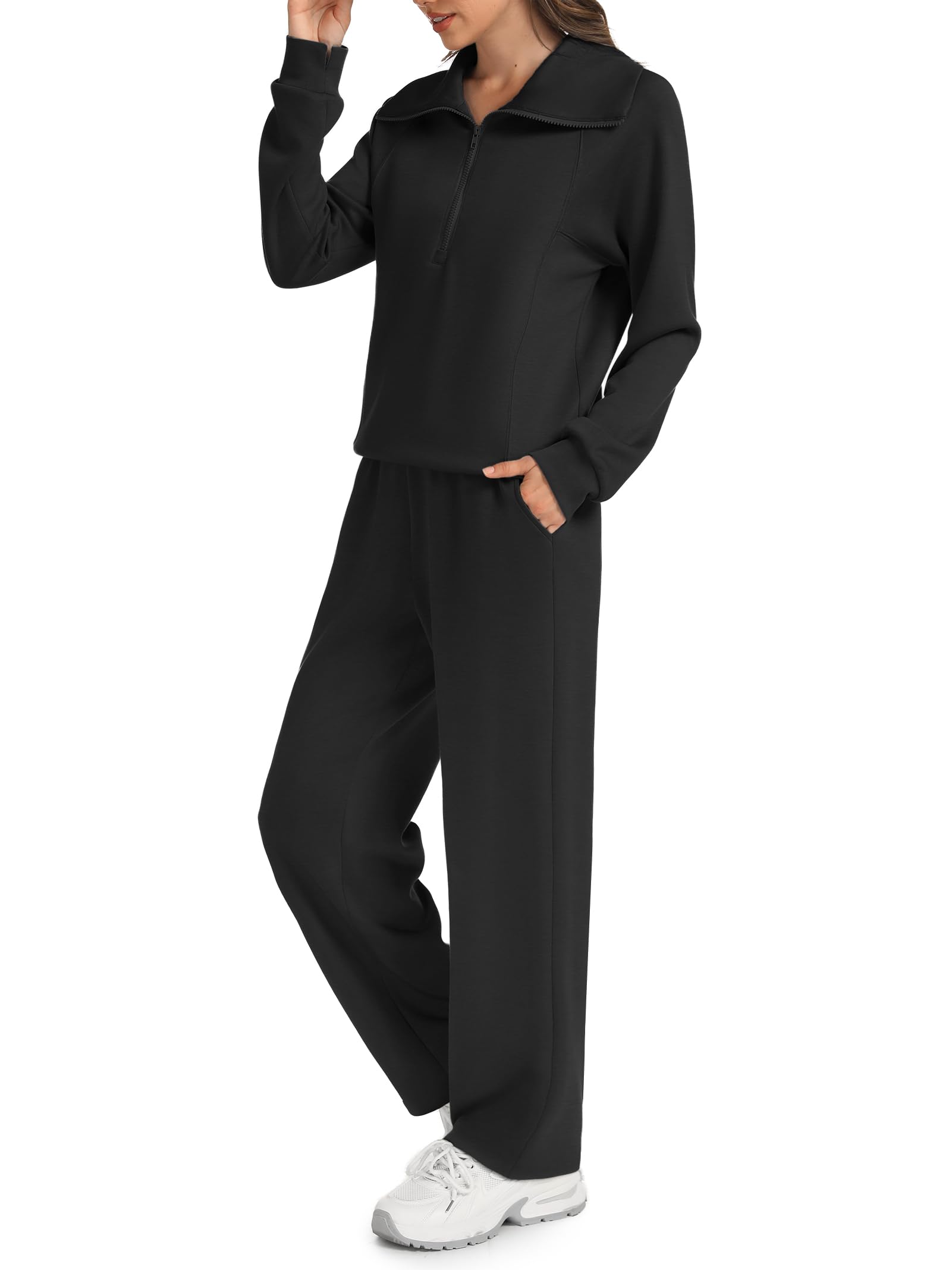 Casly Lamiit Conjunto de 2 piezas para mujer, sudadera con solapa y media cremallera, pantalones deportivos a juego, conjuntos de otoño