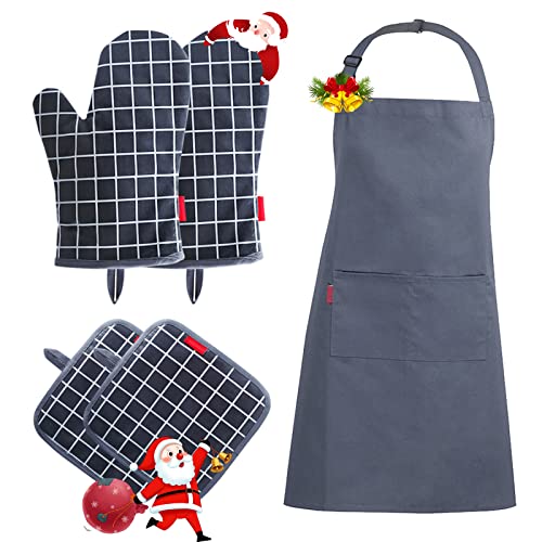 Tablier Barbecue Cuisine Homme Femme avec Poche Cordon Réglable Mitaines Gants Four Silicone Professionnel Imperméable Silicone Antidérapant Gris Cover