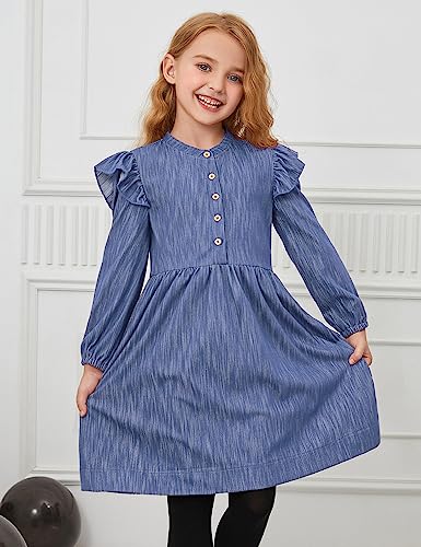 Perfashion Girls Denim Dress Flutter Long Sleeve Classic Jean Blue Button Down Dresses for 6-15 Years3