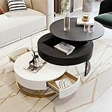 Modern Round Lift-top Nesting Coffee Tables with 2 Drawers for Living Room White & Black