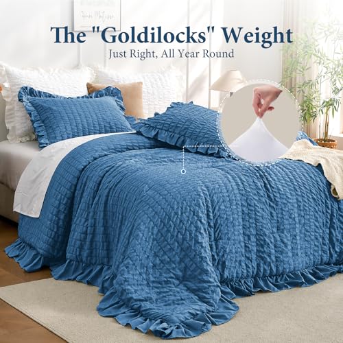 Image of JOLLYVOGUE Teal Comforter Full Size, 3 Pieces Seersucker Lightweight Full Size Bedding, All Season Fluffy Microfiber Bedding Comforter Set with 1 Ruffle Comforter and 2 Ruffle Pillowshams