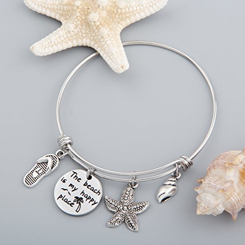 Seiraa The Beach Is My Happy Place Bracelet Expandable Stainless Steel Bangle Beach Jewelry For Beach Lover (Happy Place) #TOP4