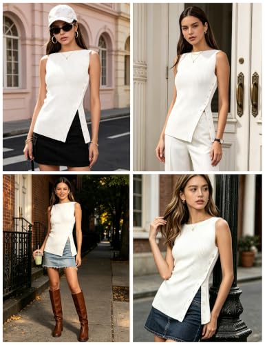 Image of OLAPTA Women Asymmetrical Button Down Side Split Sleeveless Tank Tops Boat Neck Slim Fit Summer Casual Side Button Knit Vest