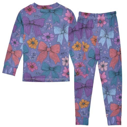 Pajama Sets Long Sleeve Bow Flowers on Blue Soft Comfy Sleepwear 2 Piece PJS 3-8T3