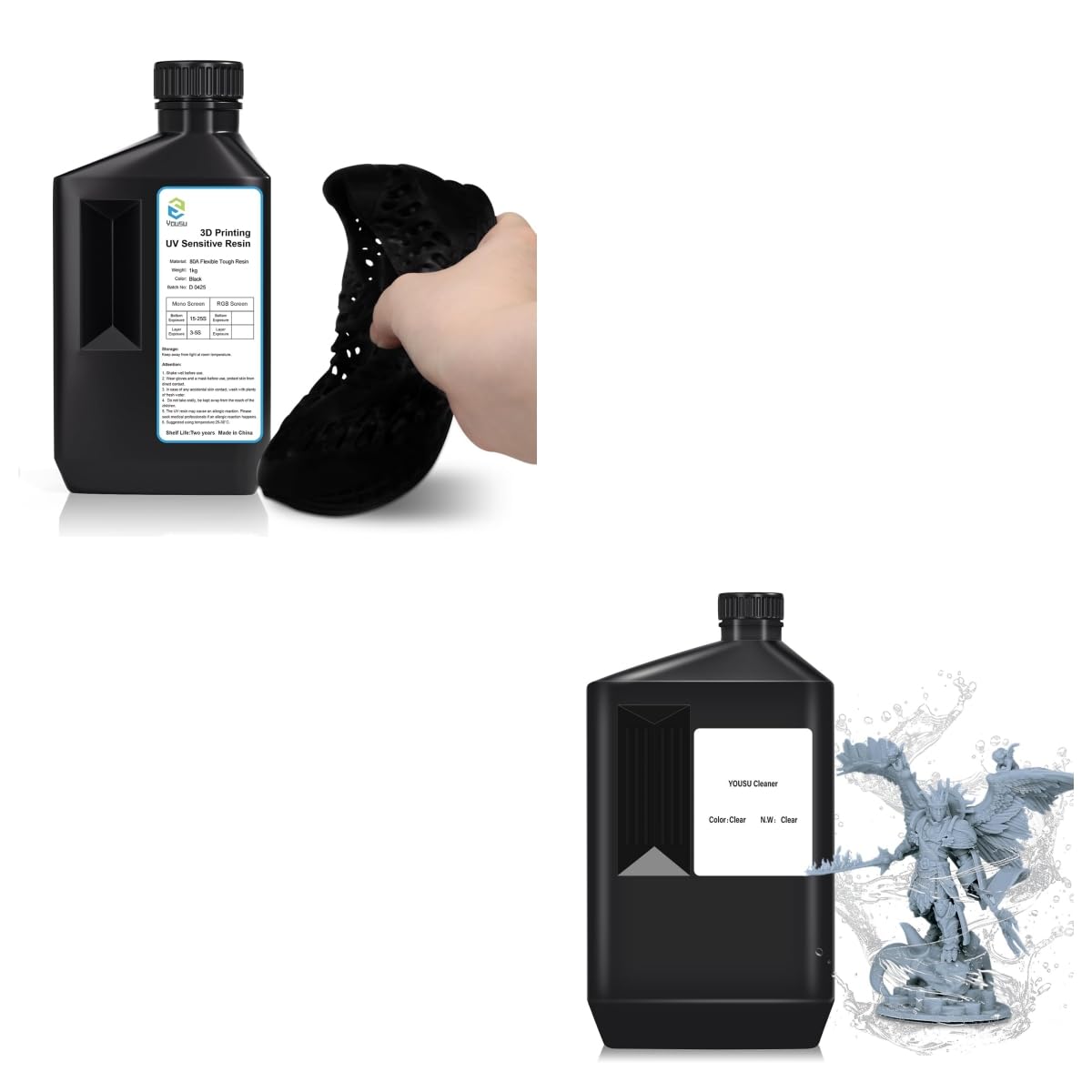 YOUSU Flexible Tough (Shore 80A) Soft Rubber/TPU Like 3D Printer Resin, 3D Resin Detergent 3kg Reusable Resin1 Cleaner