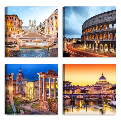 LuxHomeDecor Set de 4 cuadros 30x30 cm   Impresión sobre lienzo con bastidor de madera   Roma: Coliseo, San Pedro, Plaza de España y Foros Imperiales al atardecer