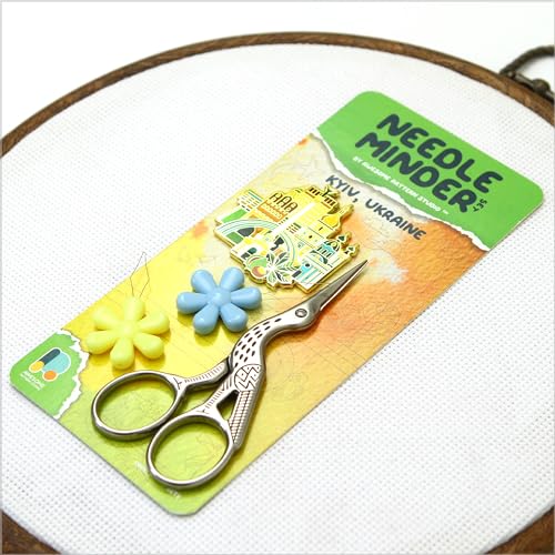 Image of Awesome Pattern Studio Needle Minder Set - Kyiv Magnetic Needle Minder + 2 Needle Threaders + Crane Scissors. Enamel Pin for Cross Stitch, Embroidery and Craft
