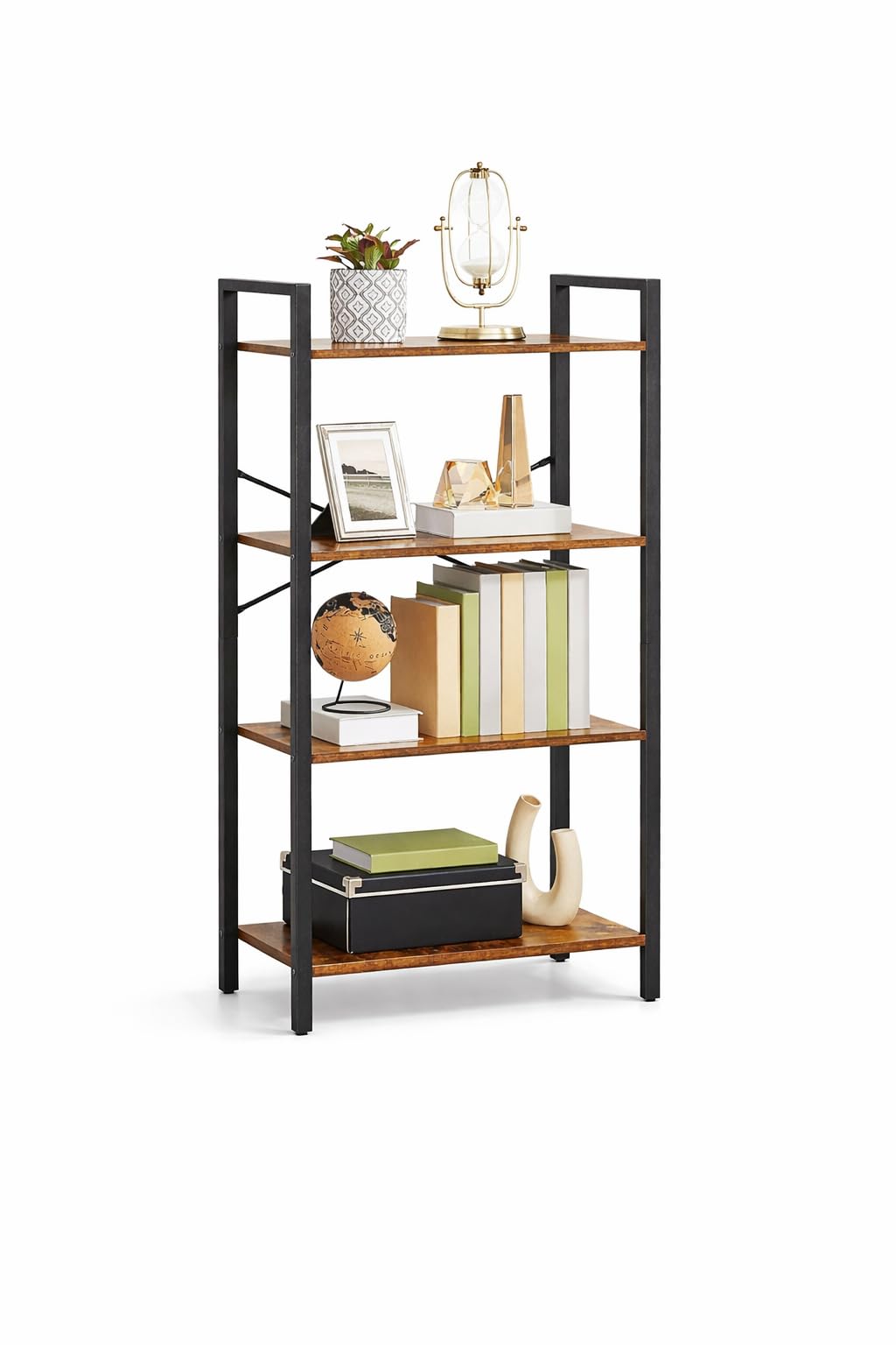 SKY-TOUCH 4-Tier Industrial Bookshelf, Heavy Duty Metal Frame Bookcase with Wooden Shelves, Rustic Brown Storage Rack for Living Room, Bedroom, Office & Kitchen, Floor Standing Shelf 25.9×11.8×47.2 in