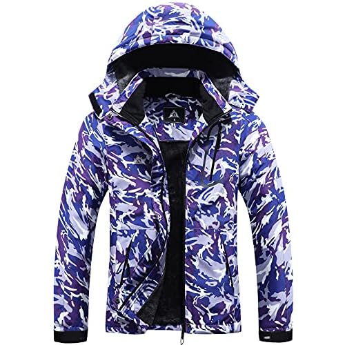 MOERDENG Women's Waterproof Ski Jacket Warm Winter Coat Outdoor Windbreaker Hiking Snowboarding Jacket Small Purple Camo