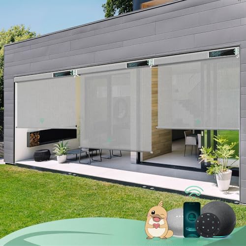 Yoolax Customized Motorized Outdoor Shades, Smart Blinds Compatible with Alexa Google, Remote Control Waterproof Blinds for Patio Porch Windows Outside (3% Openness Paine Grey)