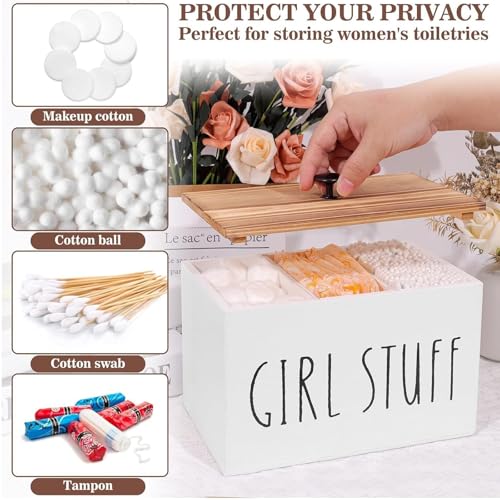 Tampon Holder Tampon Organizer Rustic Wood Bathroom Storage Bin with Lid Movable Partition Storage Container with 3 Compartment Feminine Product Wood Tampon Dispenser (White) - Image 6