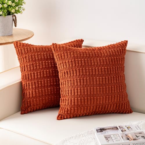 Image of Aegero Pack of 2 Corduroy Decorative Throw Pillow Covers 24x24 Inch, Rust | Fall Soft Striped Pillow Covers Modern Farmhouse Home Decor Christmas Throw Pillow Covers for Sofa Living Room Couch Bed