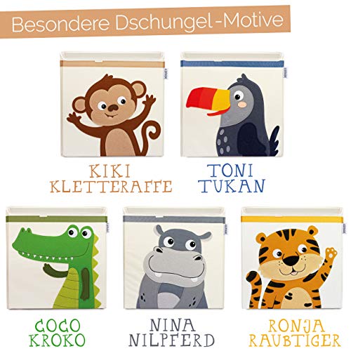 GLÜCKSWOLKE Kinder Aufbewahrungsboxen - 15 Motive I Spielzeugkiste mit Deckel für Kinderzimmer I Spielzeug Box Affe (33x33x33) Aufbewahrung Kallax Regal I Dschungel Aufbewahrungsbox (Kiki Kletteraffe)