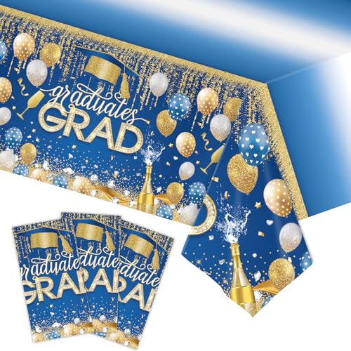 Image of 3pcs Graduation Tablecloth Disposable, 54in x 108in Graduation Decorations for Rectangle Tables, Grad Plastic Table Cover for Party Supplies (Blue Gold)