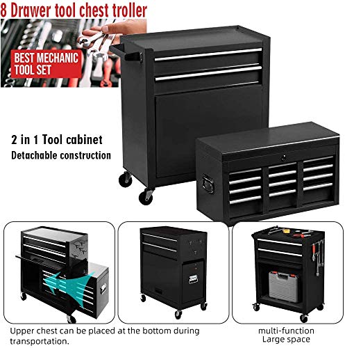8-Drawer Rolling Tool Chest,Big Tool Chest and Tool Storage Cabinet,Tool Chest with 4 Wheels,Removable Portable Top Box with Lock Tool Chest for Garage and Warehouse, Christmas Gift(Black)