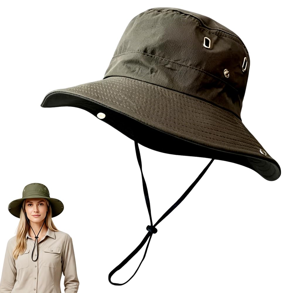 Wide Brim Sun Hats for Men, Bucket Hats with Adjustable Chin Strap, Summer Beach Safari Caps, Foldable Boonie Sun Caps with Wide Brim for Fishing, Hiking, Camping, Travel and Outdoor Use(Army Green)