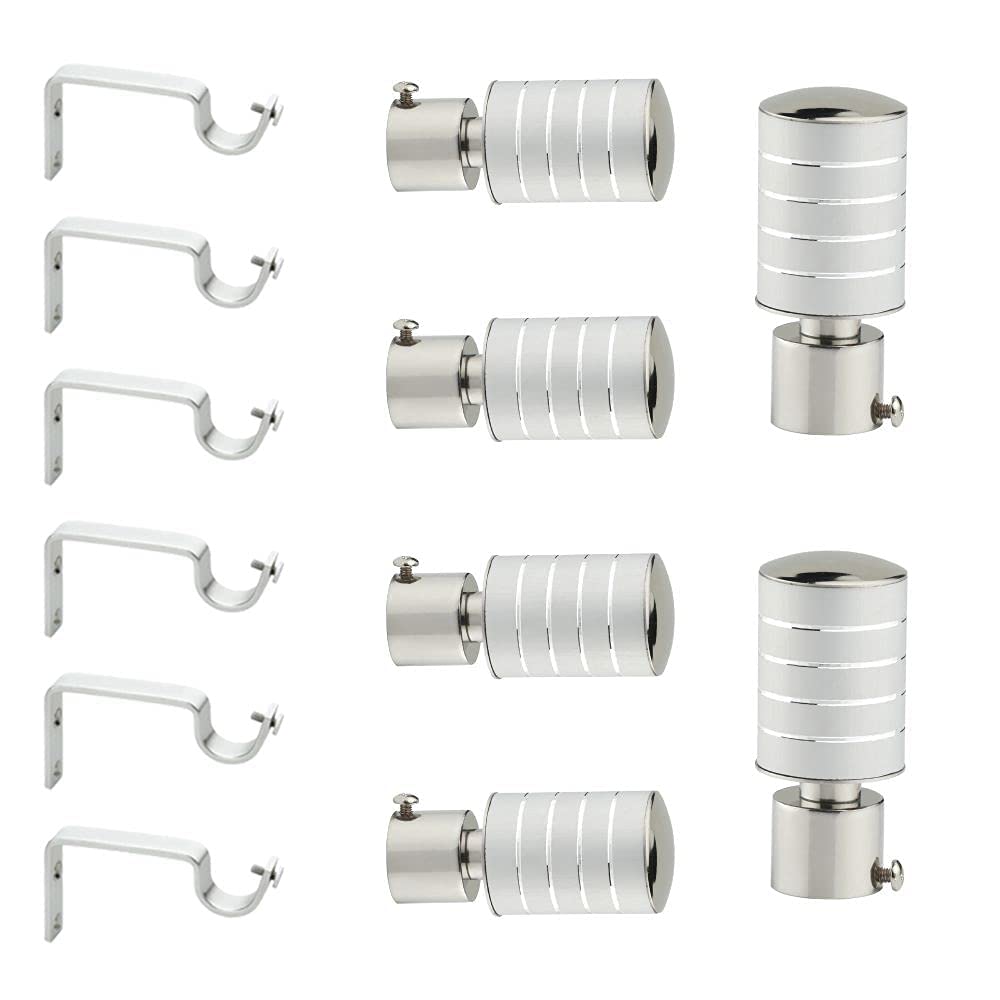 LEEZEN Stainless Steel Curtain Bracket Parda Holder with Support 1 Inch Rod Pocket Finials Designer Door and Window Rod Support Fittings, Curtain Rod Holder (Pack of 3 Set, Silver)