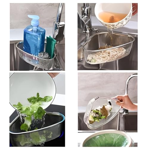 Image of Sink Corner Strainer - Triangle Drainer Basket & Shelf Organizer for Kitchen | Multi-Use Fruit, Vegetable, Soap, Sponge Holder | Rust-Resistant Sink Shelf Corner Rack (Stainless Steel)