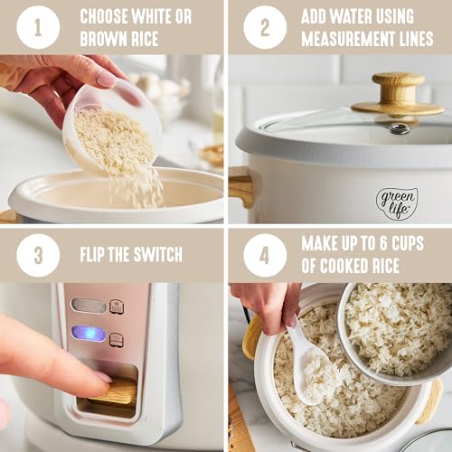 GreenLife Rice Cooker with Removable PFAS-Free Ceramic Nonstick Pot, 3-Cups Uncooked/6-Cups Cooked, Grains & Oatmeal Multicooker, Compact One-Switch Design, Auto Keep Warm, Easy Clean, Cream - Image 5