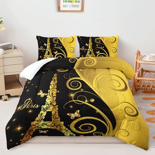 Image of AILONEN Eiffel Tower Comforter Set Queen Size,3 Pieces Black Gold Flower Butterfly Bedding Set,Romantic Tower Printed Quilt and 2 Pillowcases