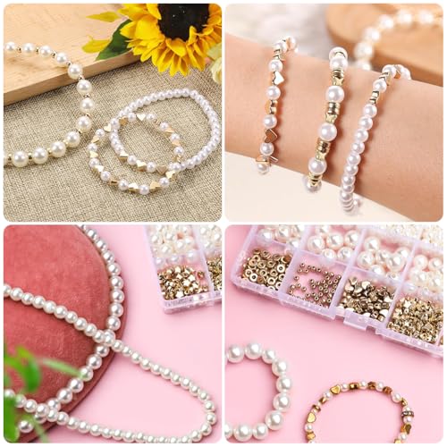 Image of SANNIDHI 720pcs Pearls Beads for Jewellery Making Kit, Pearl Beads for Bracelet Making, Assorted Sizes Pearl Round Beads Set Spacer Charms Golden Beads with Tools for DIY Crafts, Earrings, Necklace