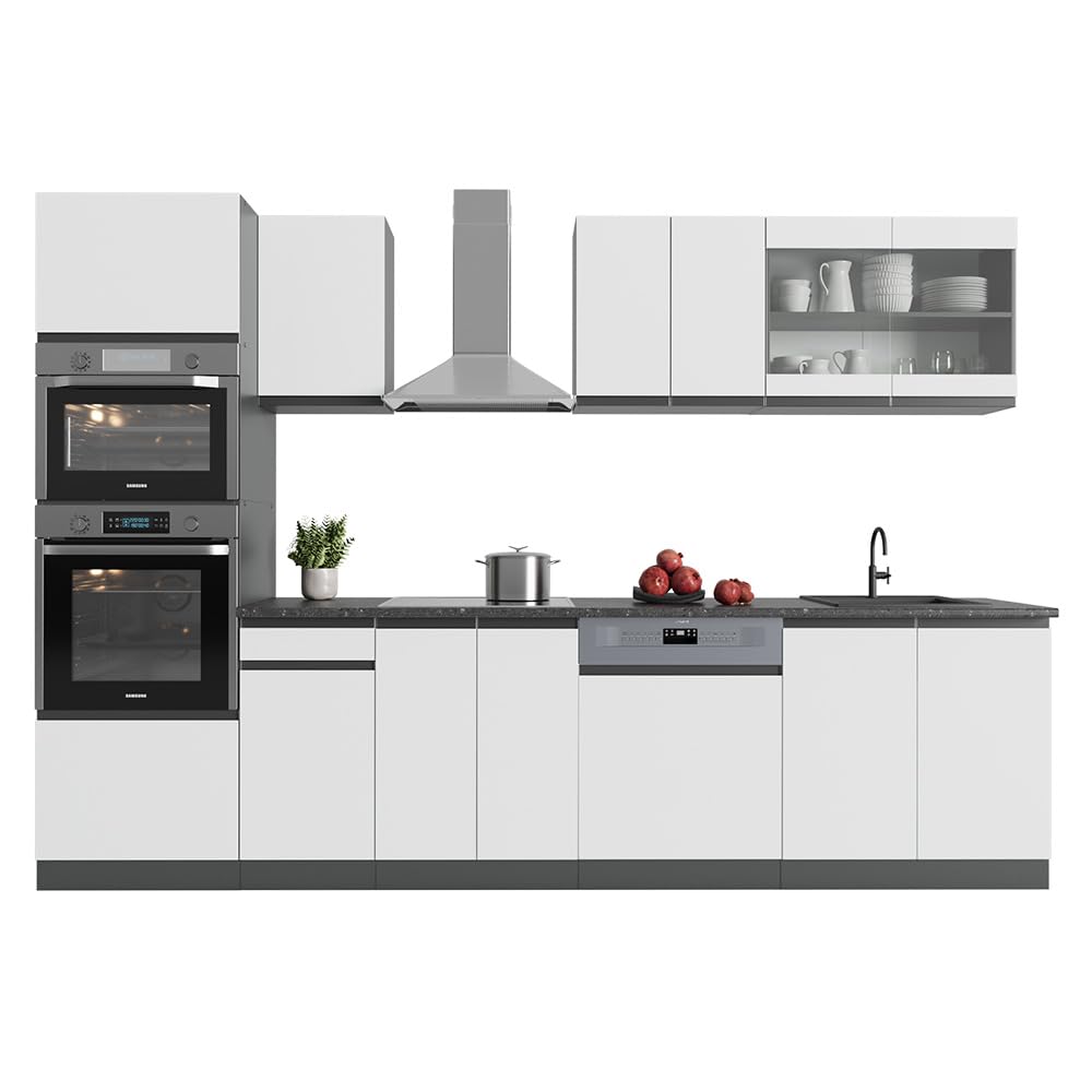Vicco Mueble de Cocina R-Line, Blanco, 300 cm J-Shape con Armario Alto, ET Antracita, Apto para combinación y ampliación Individual