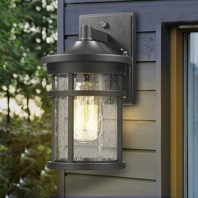Dusk to Dawn Outdoor Wall Lighting Outdoor Wall Lantern with Sensor Exterior Wall Light Anti-Rust Porch Light Fixtures Wall Mount Waterproof Wall Sconce with Seeded Glass for House Patio Garage