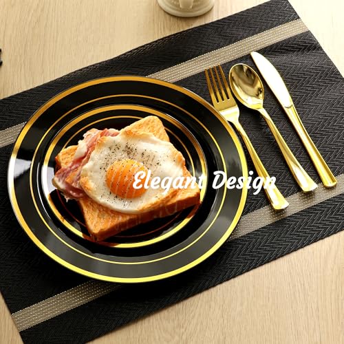ROCOHANTI 100 PCS Black and Gold Plastic Plates, Disposable Party Black Plates Include 50 Dinner Plate and 50 Dessert Plate Perfect for Holiday, Birthday, Graduation, Wedding & Party by ROCOHANTI - Image 2