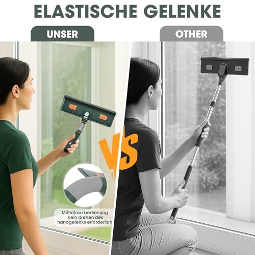 Flow fire 250 cm Fensterabzieher mit Teleskopstiel Kopf und Teleskopstange, Professioneller Teleskop Fensterwischer mit Silikonschaber und Mikrofaserschrubber, Geeignet für Innen und Außenfenster