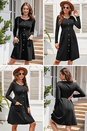 Image of OUGES Women's V Neck Button Down Skater Midi Dress with Pockets