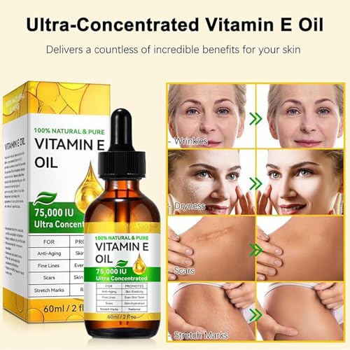Pure Vitamin E Oil for Skin & Hair – 100% Natural, 75,000 IU, 2 Fl Oz | Deeply Moisturizes, Repairs & Protects | Non-Greasy Cold-Pressed Formula | Nourishes Face, Body, Scars, Cuticles + Hair Health - Image 3