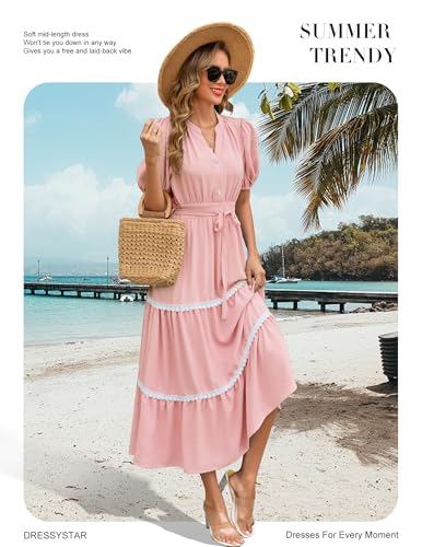 Image of Dressystar Women's Puff Sleeve Boho Maxi Dress V Neck Tiered Summer Wedding Guest Beach Vacation Dresses 2025