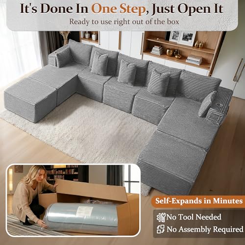 Image of 168 inch Cloud Sectional Couch, Comfort U Shaped Sofa for Living Room, Extra Deep Seats No Assembly, Minimalist Modular Couch, Corduroy (Light Grey, 9 Seats,U-Shape B)