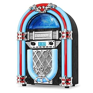 Victrola Nostalgic Wood Countertop Jukebox with Built-in Bluetooth Speaker, 50’s Retro Vibe, 5 Bright Color-Changing LED…