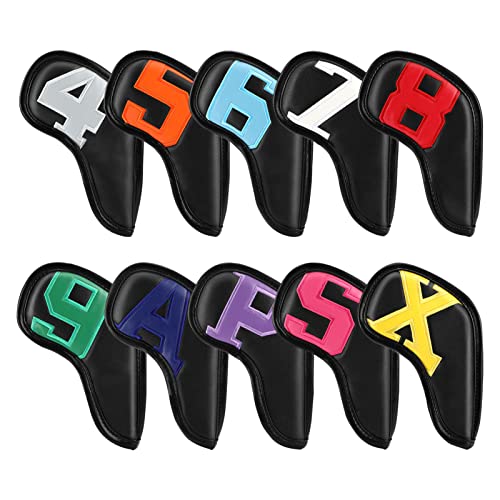 Brynnl Capuchon de Golf, 10 pièces de Couvre-tête de Golf en Cuir avec Grand Nombre coloré et Ruban Magique, pour la Plupart des Ensembles de Fer de Golf de Marque, Cales de Golf (Noir) Cover
