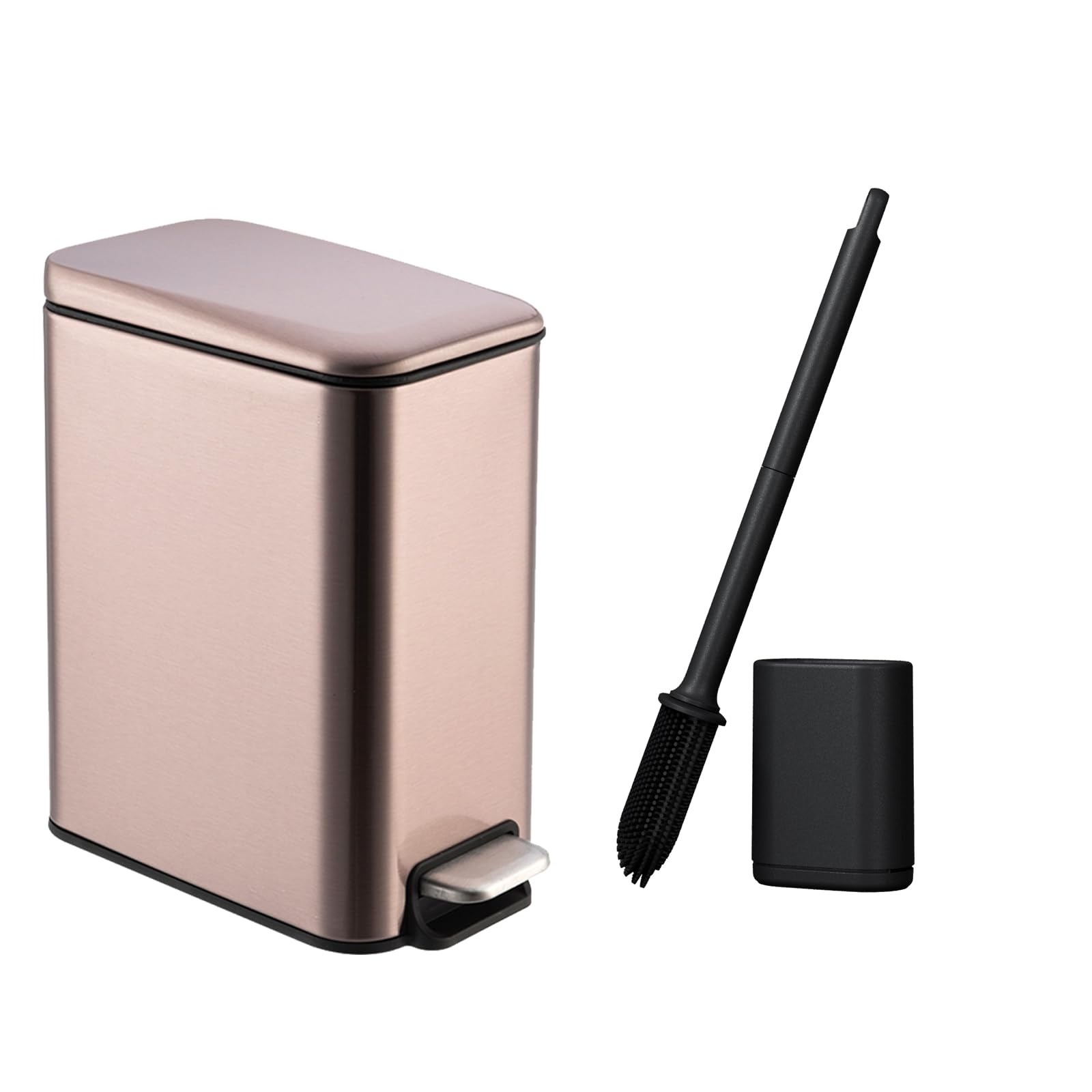 Bathroom Bin, 1.1 Gallon (5L) Trash Can with Toilet Brush,Small Steel Pedal Slim Bin with Inner Bucket, Soft Close and Stays Open, for Living Room, Bedroom and Kitchen, Rectangle, Rose Gold