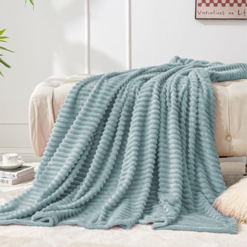 Image of BEDELITE 3D Ribbed Grey Blue Fleece Throw Blanket for Couch, 50x60 Inch